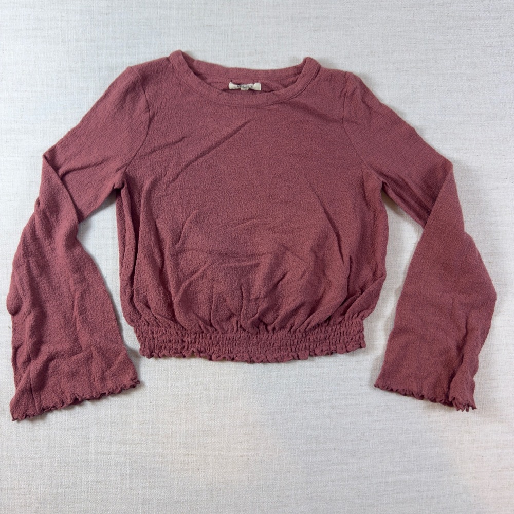 Madewell Texture & Thread Top Womens XS Mauve Smocked Bell Sleeve Cotton Crop